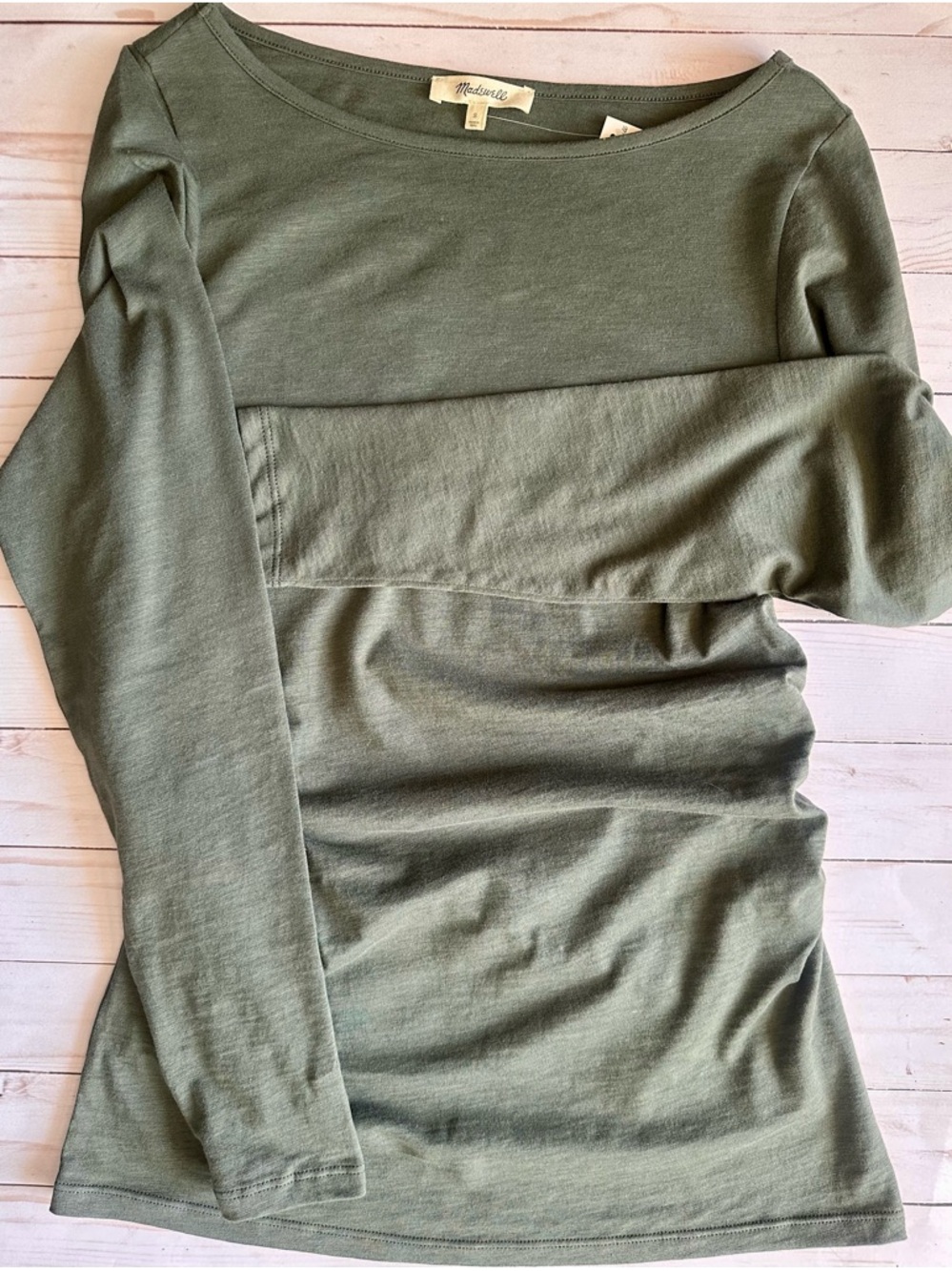 Madewell Olive Green, Side-Ruched, Long Sleeve Tee, Size Small, NWT - Picture 3 of 8